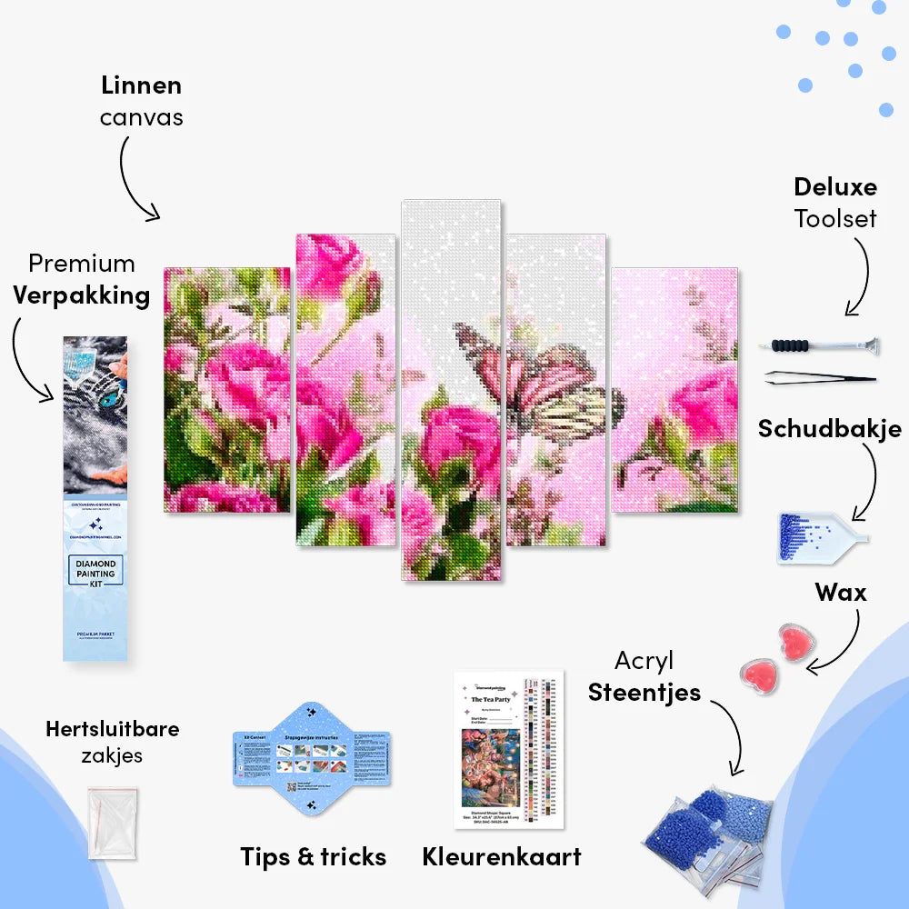 Diamantmaling Sommerfugl med lyserøde blomster, 5-panel - SEOS Shop ®