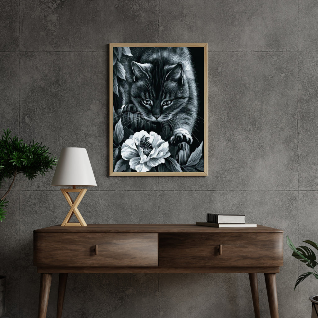 Diamantmaling Sort kat med blomst og bi - SEOS Shop ®