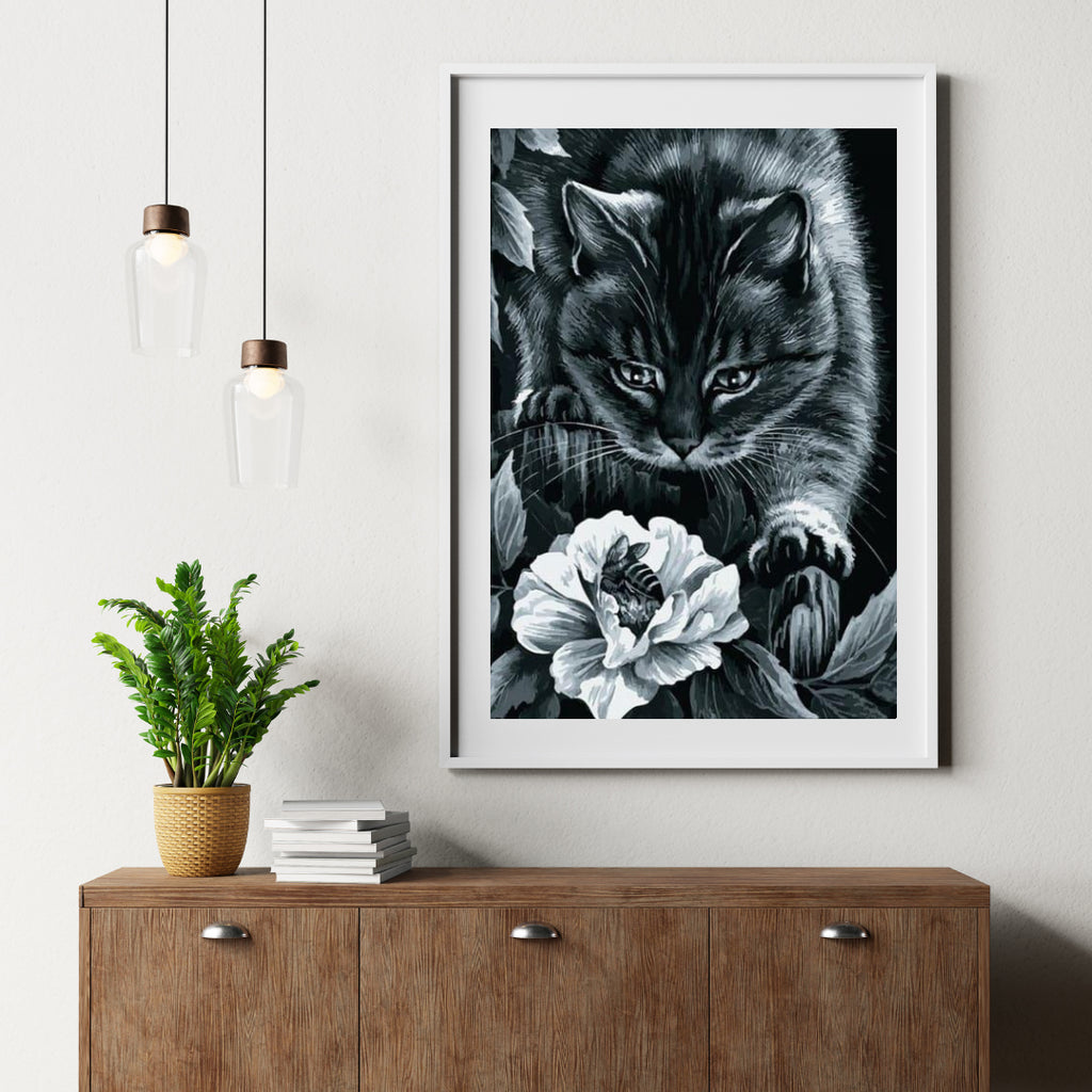 Diamantmaling Sort kat med blomst og bi - SEOS Shop ®