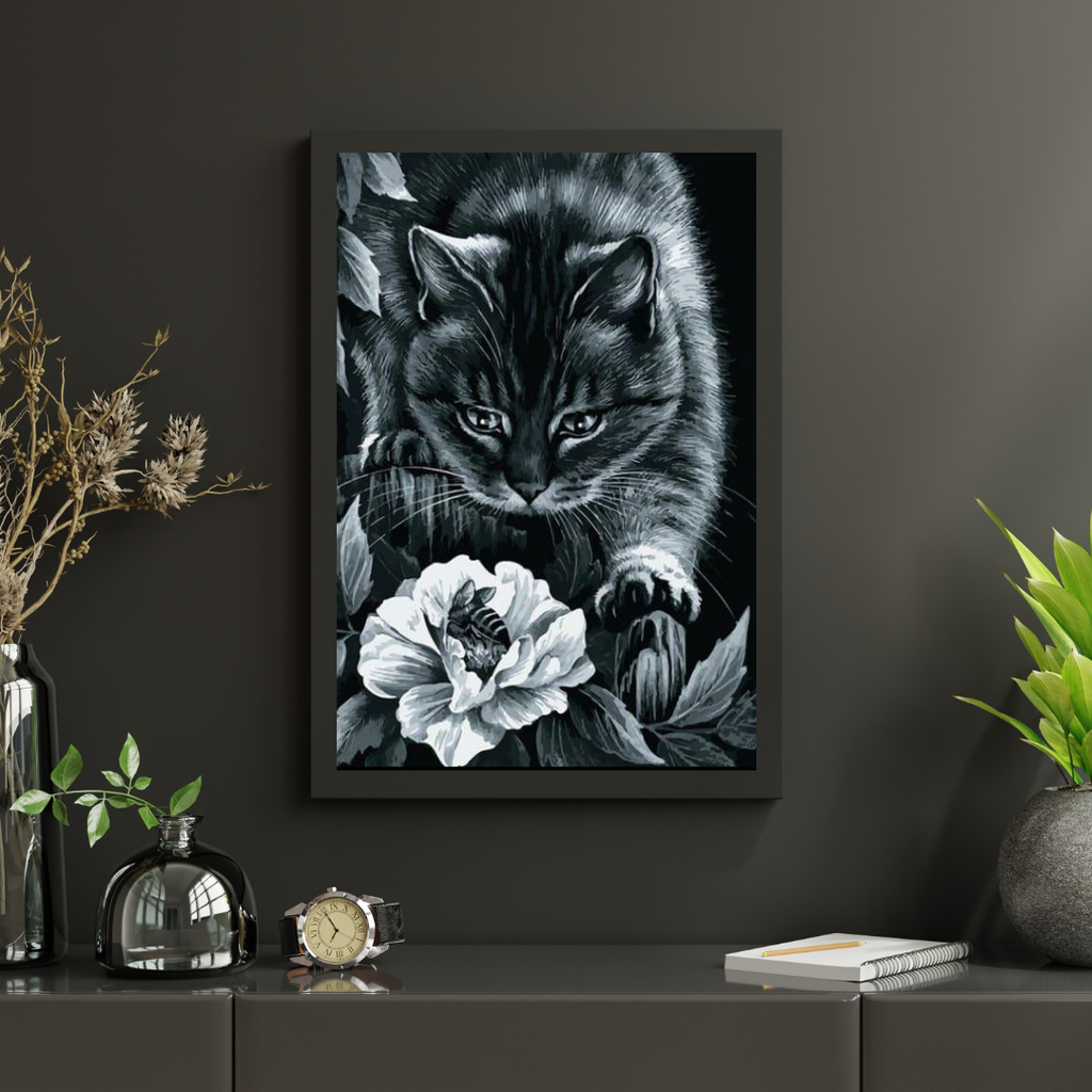 Diamantmaling Sort kat med blomst og bi - SEOS Shop ®