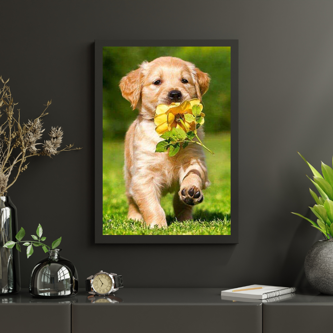 Diamantmaling Labrador hvalp med blomst - Komplet - SEOS Shop®