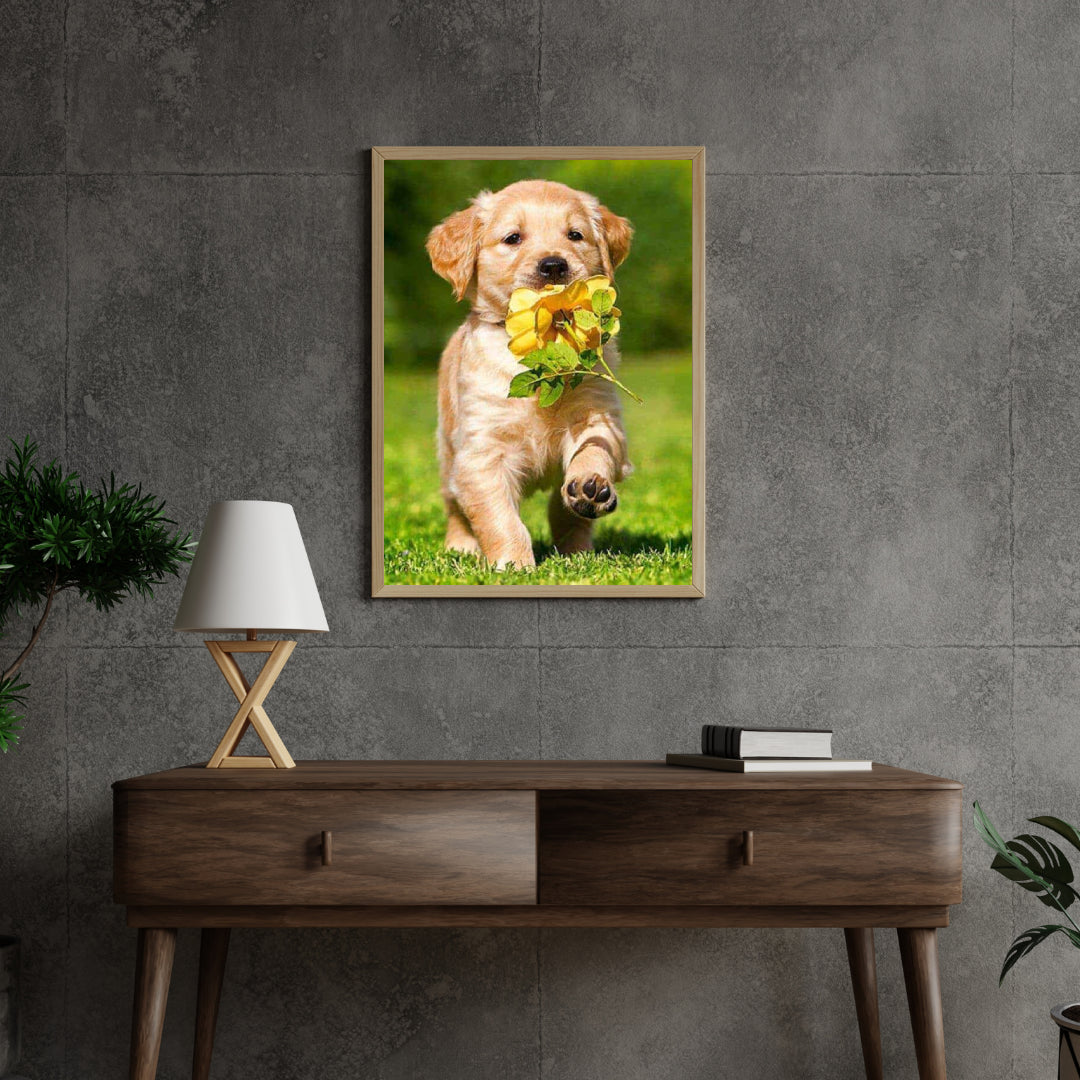 Diamantmaling Labrador hvalp med blomst - Komplet - SEOS Shop®