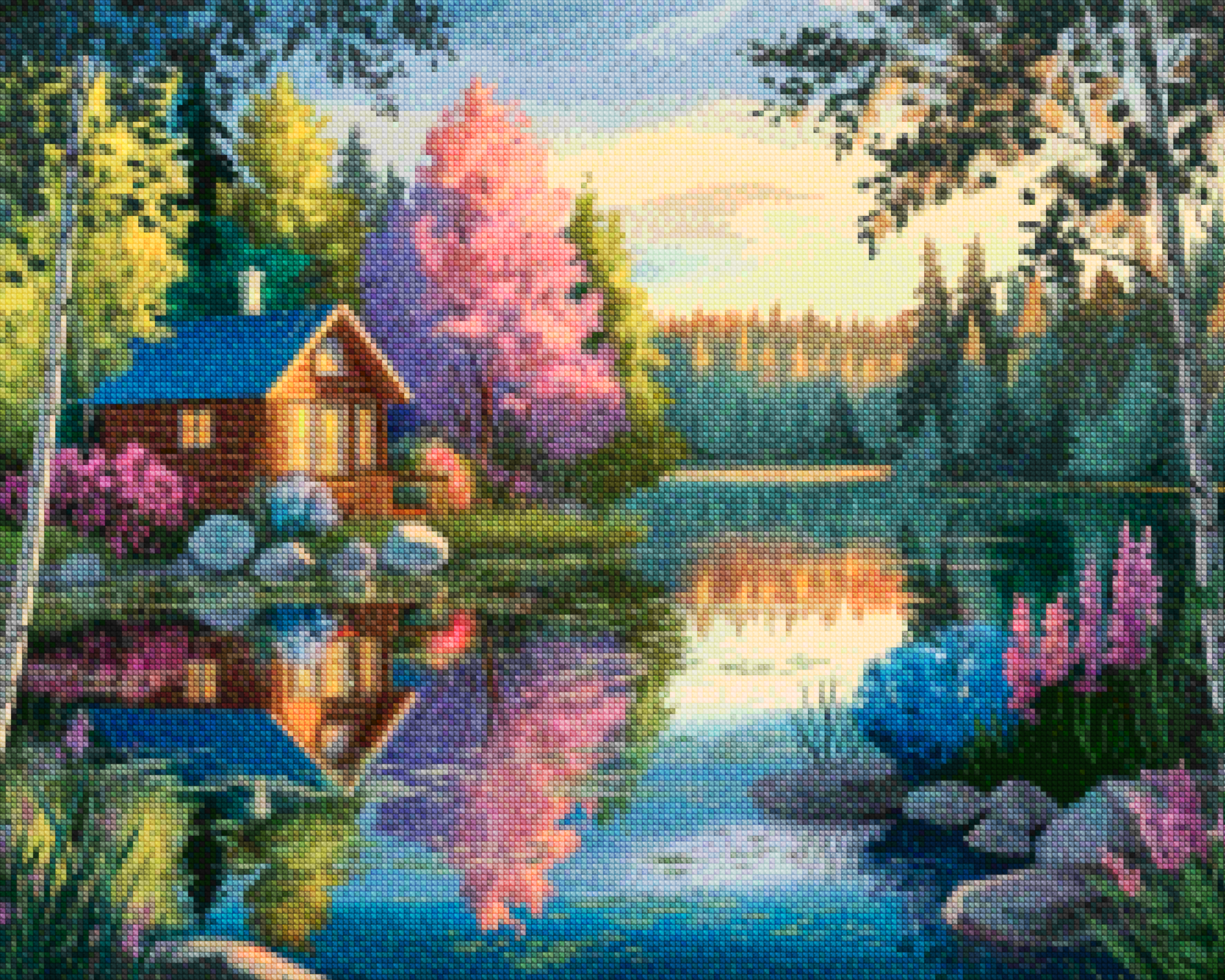 Diamantmaleri - Stille hytte ved søen